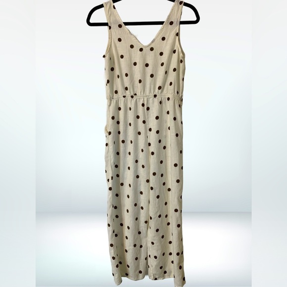 Monteau Pants - Monteau Sleeveless Brown Linen Polka Dot Wide Leg Jumpsuit, size M